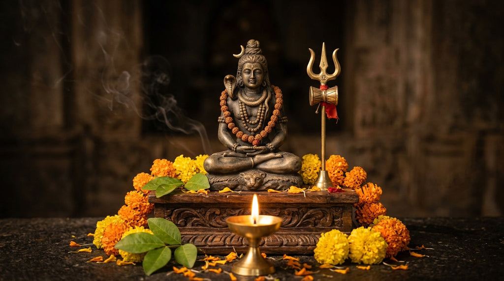 Handcrafted Shiva murti with trishul, diya, and marigold garland