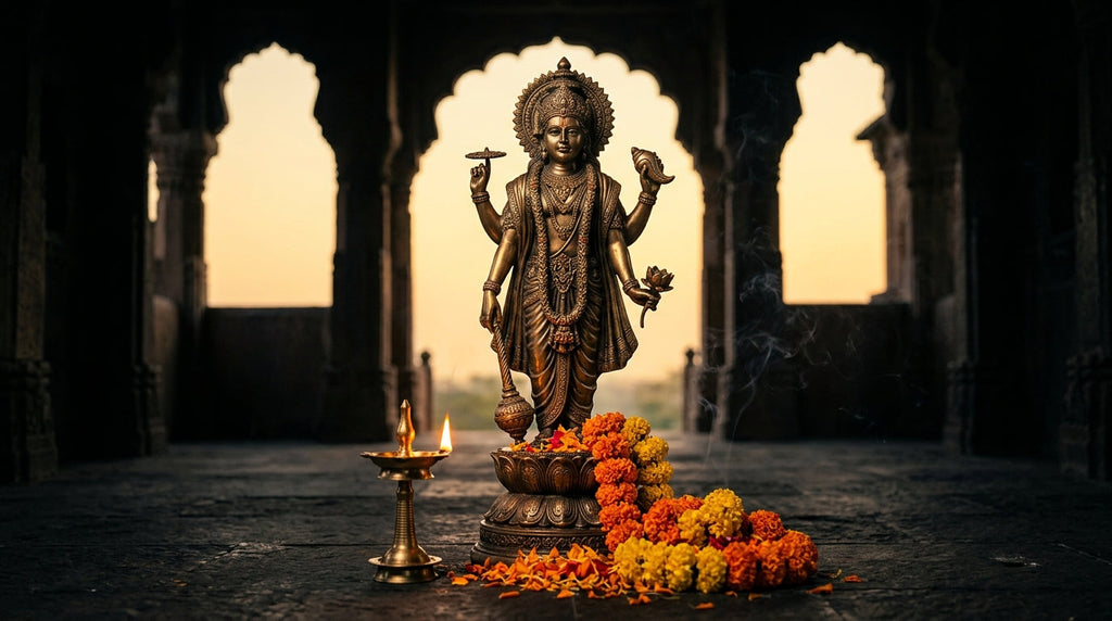 Handcrafted Vishnu murti with conch, chakra, mace and lotus on a lotus pedestal