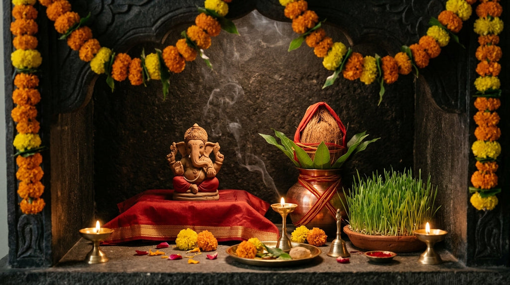 Navratri home mandir with Ganesha murti, kalash, marigolds and diyas