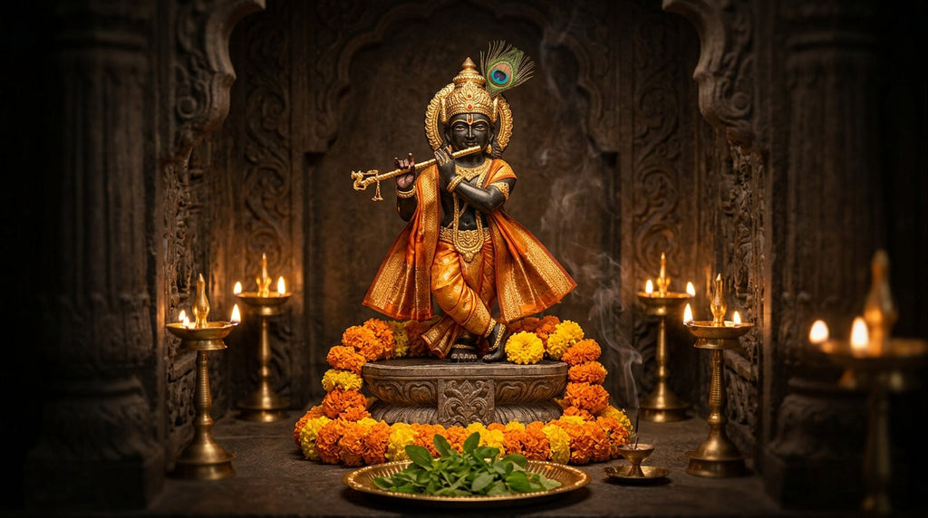 Handcrafted Krishna murti with flute and peacock feather in a mandir niche with diyas and marigolds