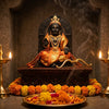 Handcrafted Rama murti in a mandir niche with diyas and marigolds