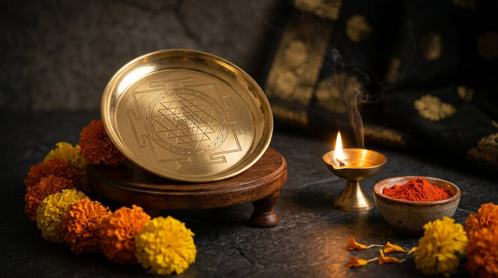 Handcrafted Shree Yantra on brass plate with diya and marigold