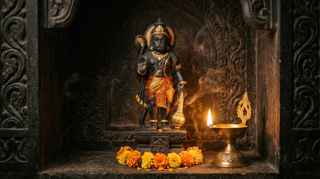 Handcrafted Hanuman murti with gada in a mandir niche beside a lit diya