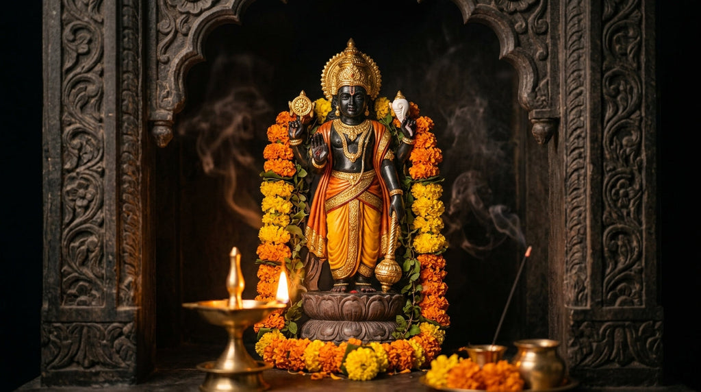 Handcrafted Vishnu murti holding the Sudarshan Chakra and conch in a mandir niche