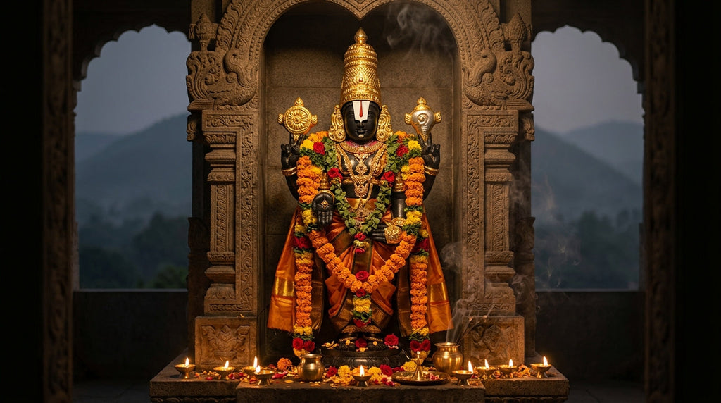 Handcrafted Lord Venkateswara Balaji murti in a mandir niche with garlands and diyas