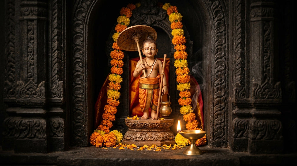 Handcrafted murti of Vamana, the small boy avatar of Vishnu, with umbrella and staff