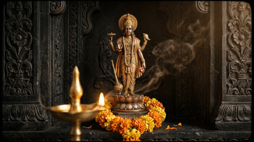 Handcrafted Vishnu murti with chakra, mace, conch and lotus in a mandir niche