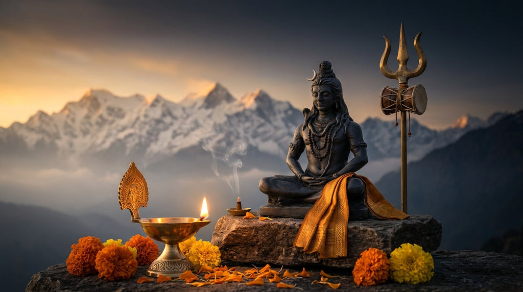 Shiva murti seated with an upright trishul and damru before snowy mountains