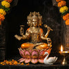 Handcrafted Brahma murti seated on a lotus holding Veda, mala, kamandalu and sruva