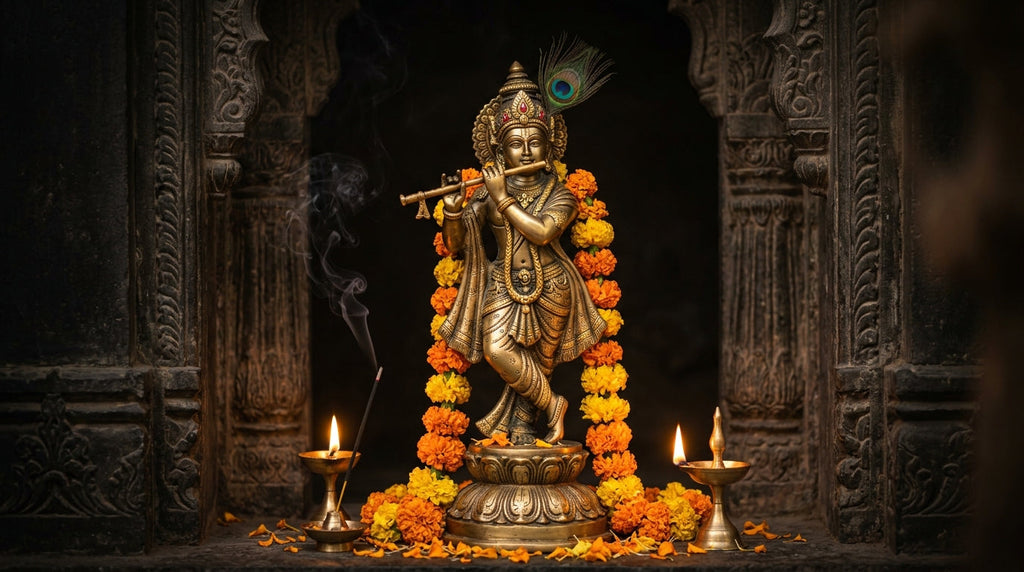 Handcrafted Krishna murti playing a bamboo flute in a mandir niche with diyas and marigolds