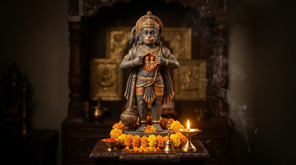 Handcrafted Hanuman idol with Ram in his heart in a home mandir