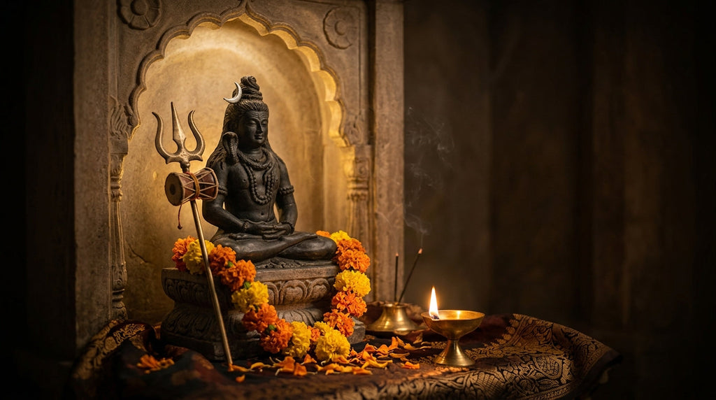 Handcrafted Shiva murti with trishul and crescent moon beside a diya and marigold garland