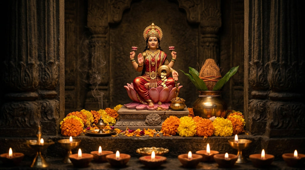 Handcrafted Goddess Lakshmi murti seated on a lotus with gold coins, kalash and diyas