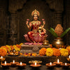 Handcrafted Goddess Lakshmi murti seated on a lotus with gold coins, kalash and diyas