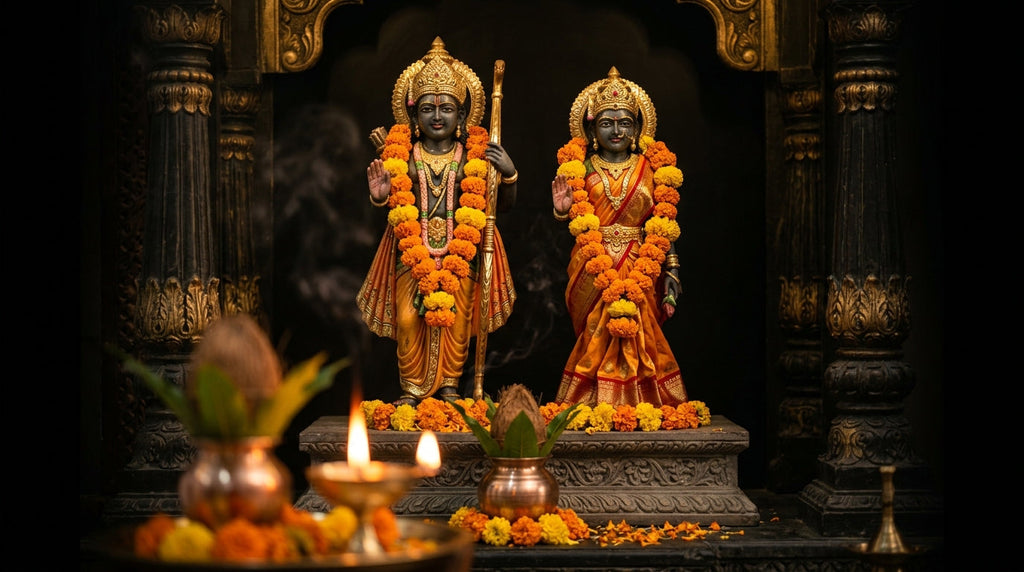 Handcrafted Sita and Rama murtis in a mandir niche with marigold garlands and a diya