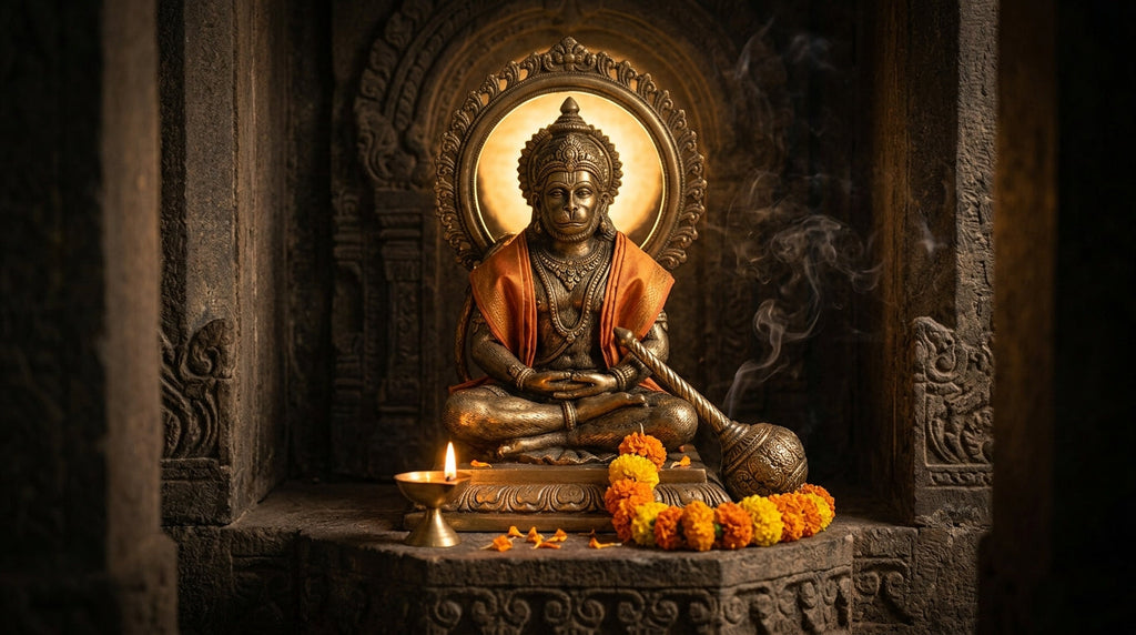 Handcrafted Hanuman murti with gada and marigold garland in a mandir niche