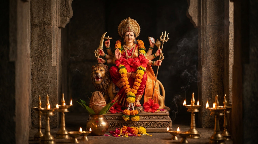 Handcrafted Goddess Durga murti on a lion surrounded by diyas and marigold garlands