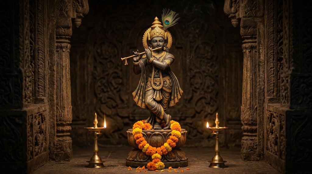 Krishna murti with peacock feather crown and flute in a mandir niche with marigold garland and diyas
