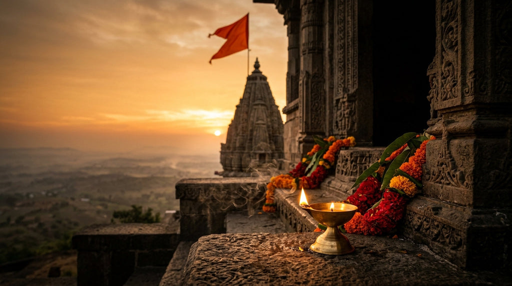 Hanuman temple at sunrise with marigold garlands and a lit diya