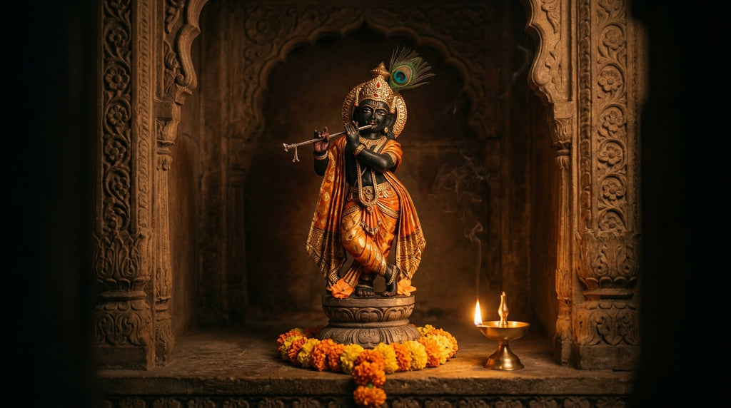 Handcrafted Krishna murti with flute and peacock feather in a mandir niche beside a diya