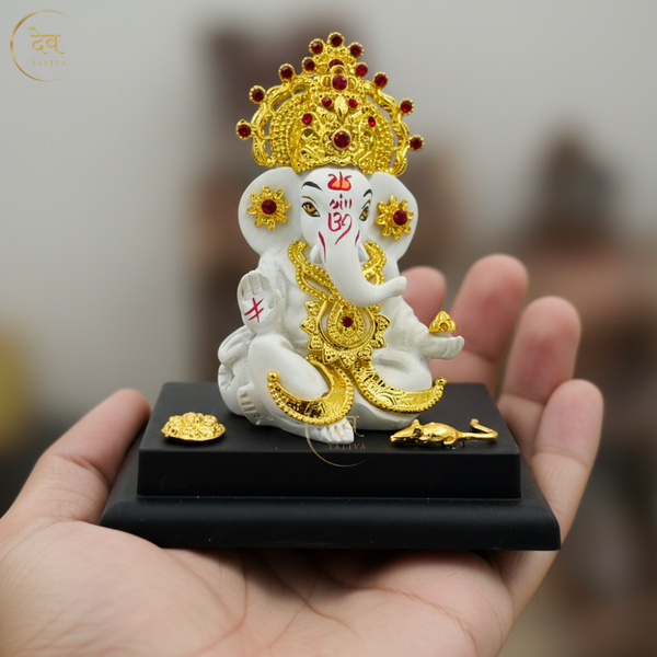 Ganesha Idol Gold Crown With Base White – "4 inch" Polyresin | Car, Gift, Home | 3-Y Warranty | Dev Tattva
