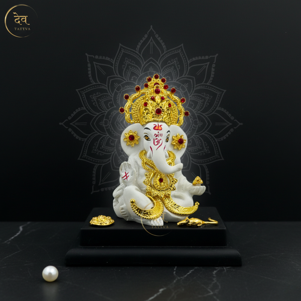 Ganesha Idol Gold Crown With Base White – "4 inch" Polyresin | Car, Gift, Home | 3-Y Warranty | Dev Tattva
